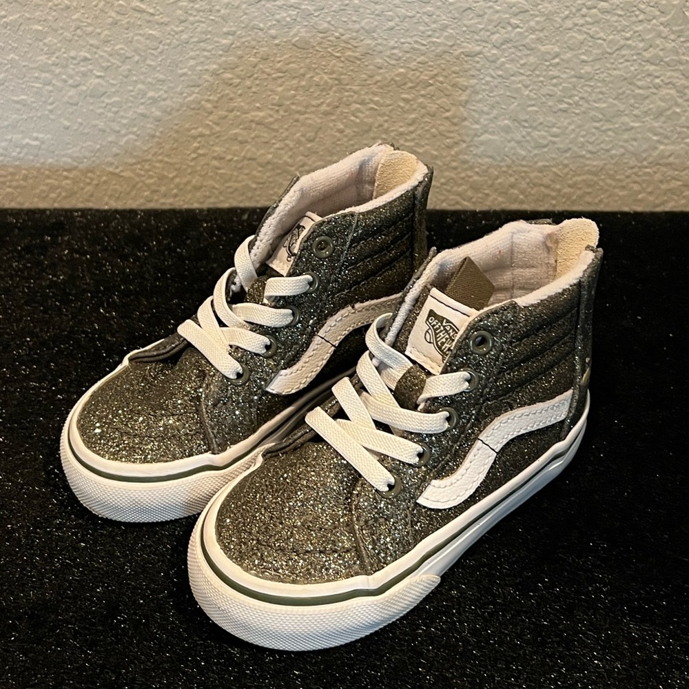 glitter toddler high top vans sneakers. Worn once. Has zipper on back of heel